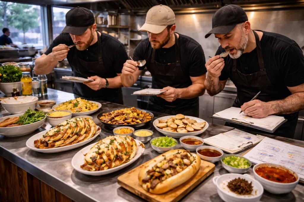 Chefs taking turns tasting the new recipes