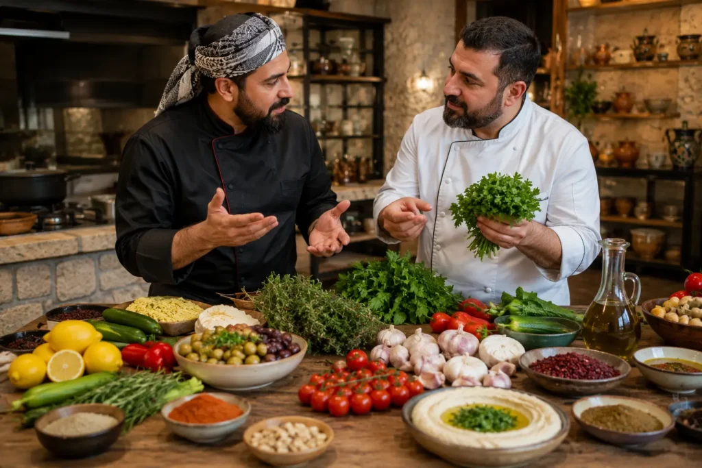 A Lebanese chef discussing ingredients with a Mediterranean chef