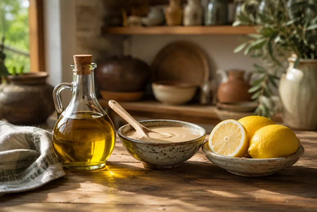 Three core staples: extra virgin olive oil, tahini, and lemon juice.